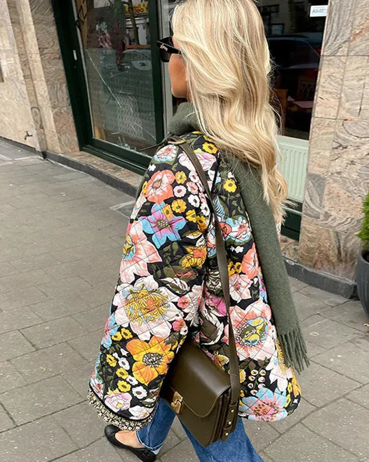 Women’s Quilted Coat – Relaxed Fit – Floral Print – Plush Lining – Button Front