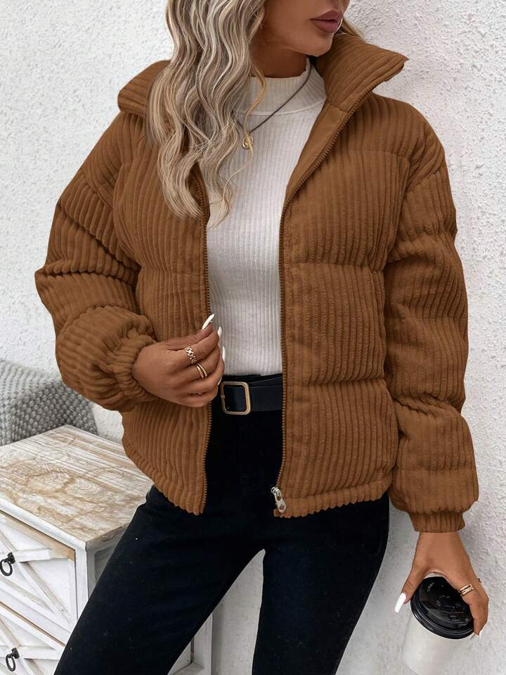 Women’s Jacket – Corduroy Ribbed Texture – Padded – Relaxed Fit – Zipper Front – High Collar