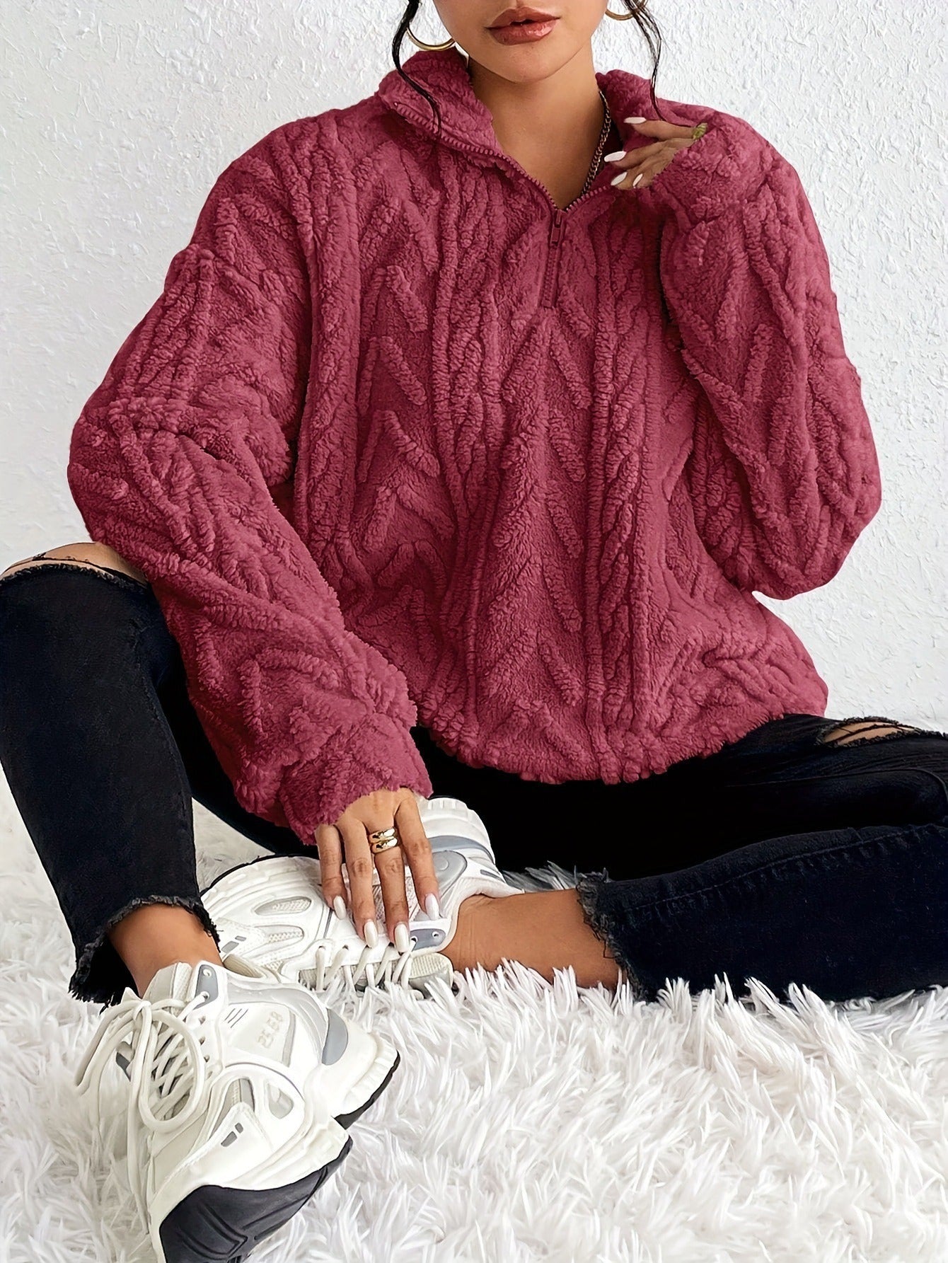 Women’s Sweatshirt – Oversized Relaxed Fit – Plush Chevron Texture – Quarter Zip