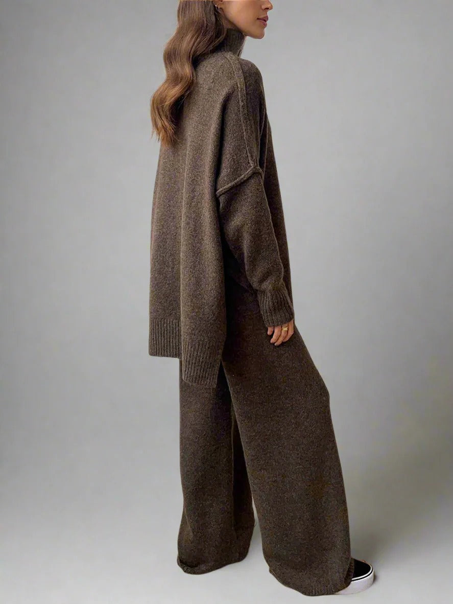 Women’s Lounge Set – Soft Knit – Oversized Fit – Turtleneck Top – Wide-Leg Pants