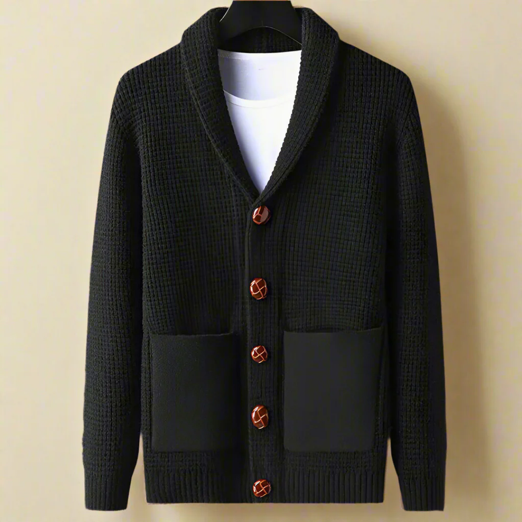 Men’s Cardigan – Relaxed Fit – Waffle Knit – Shawl Collar – Button Front – Patch Pockets