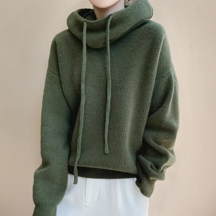 Women’s Knitted Sweatshirt – Oversized Fit – Soft Wool Blend – Cowl Neck with Drawstring