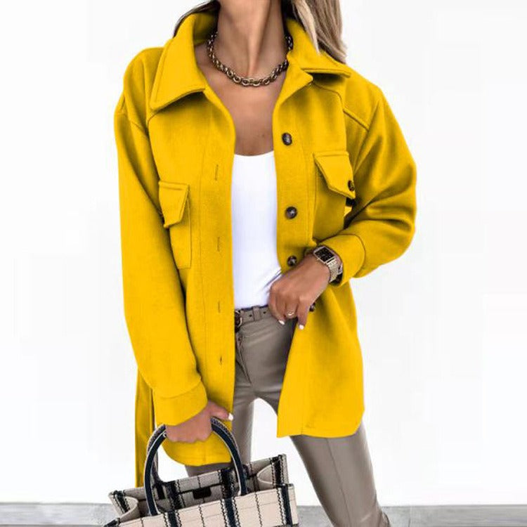 Women’s Shacket Jacket – Oversized Relaxed Fit – Longline Wool Blend – Chest Pockets