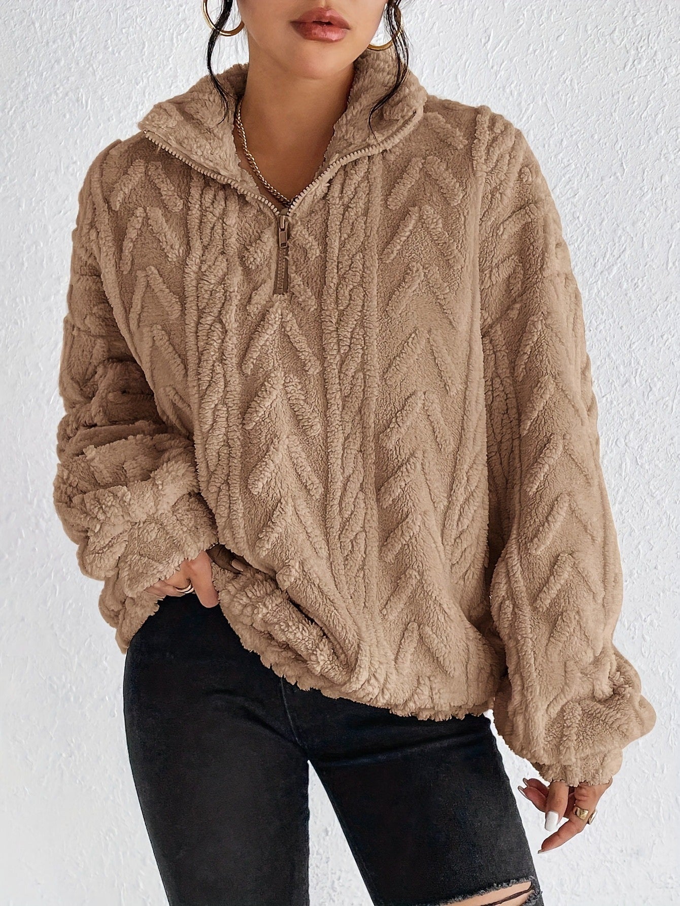 Women’s Sweatshirt – Oversized Relaxed Fit – Plush Chevron Texture – Quarter Zip