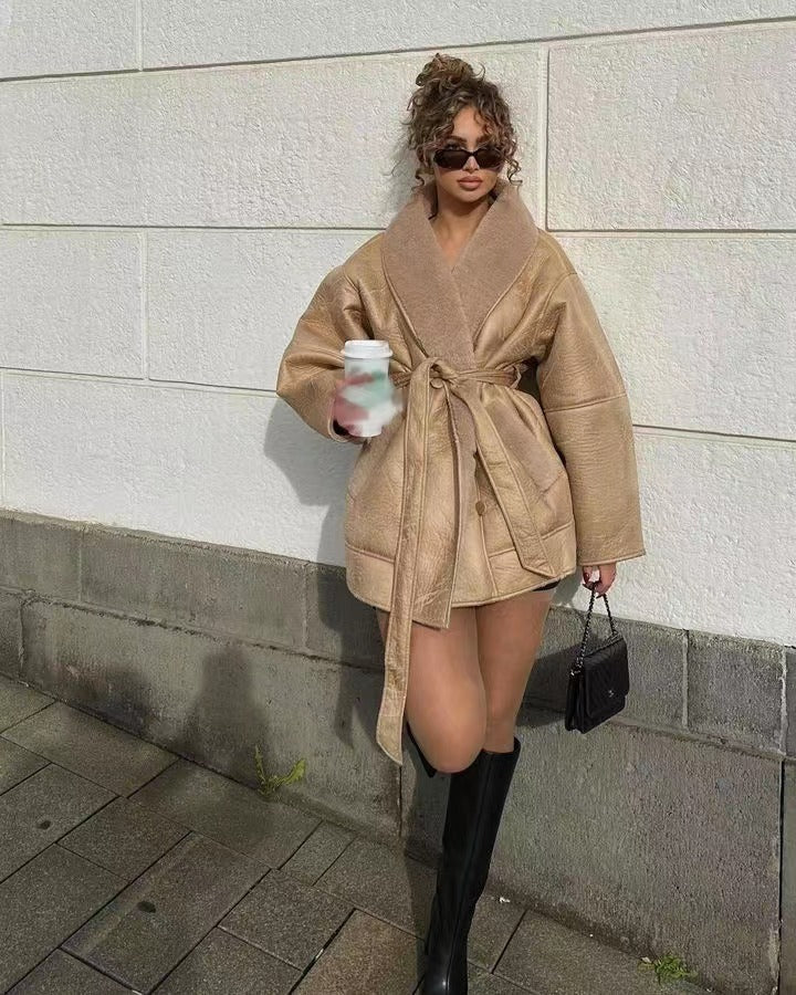 Women’s Trench Coat – Oversized Fit – Plush Collar – Self-Tie Waist – Mid-Thigh Length