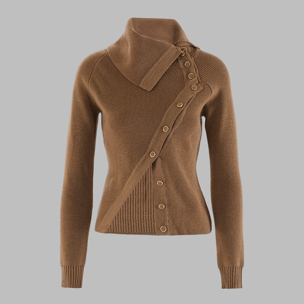 Women’s Knitwear Top – Slim Fit – Ribbed Texture – Asymmetrical Collar – Long Sleeve