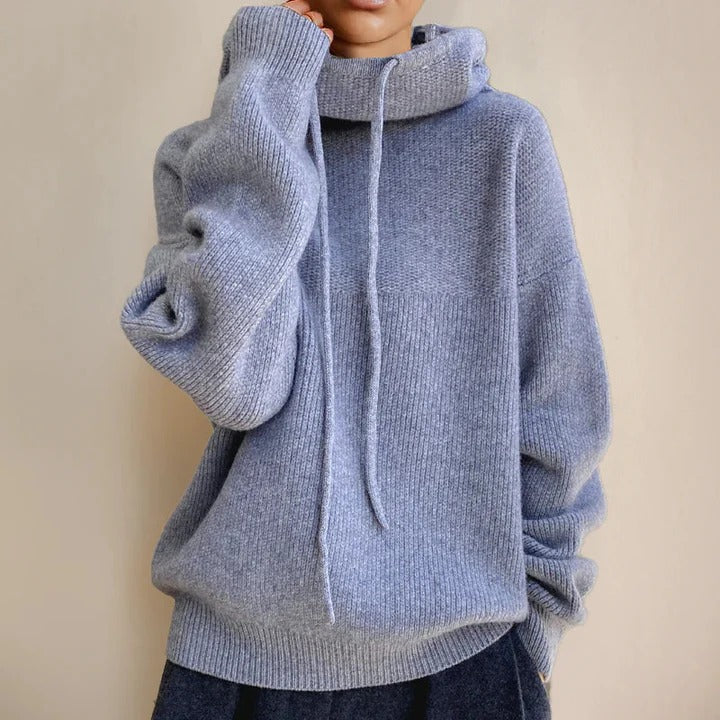 Women’s Knitted Sweatshirt – Oversized Fit – Soft Wool Blend – Cowl Neck with Drawstring