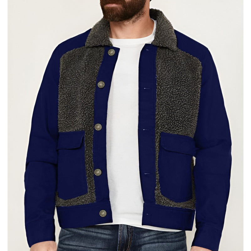 Men’s Regular Fit Coat – Sherpa Collar – Patchwork Design – Waist-Length Outerwear