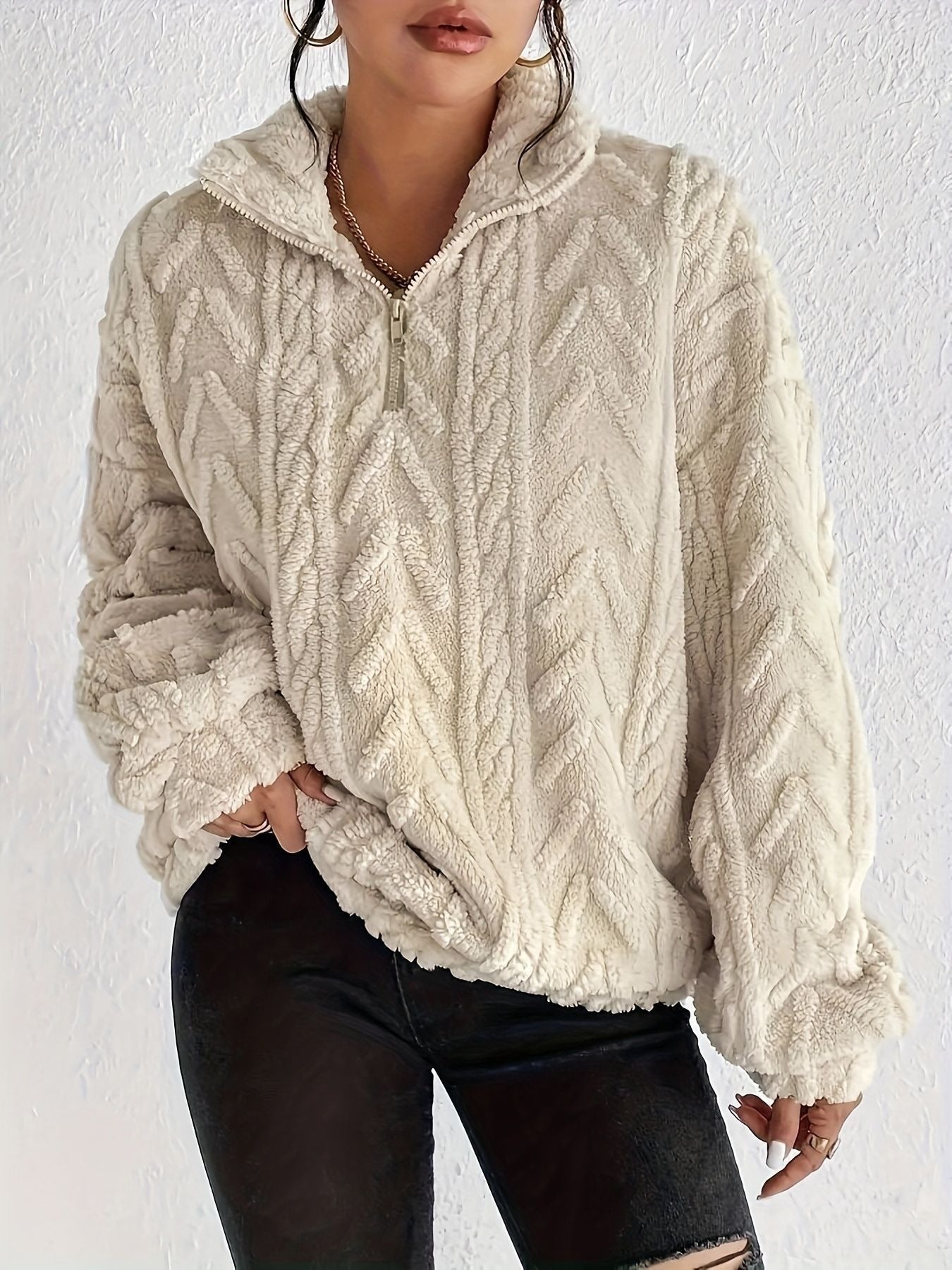 Women’s Sweatshirt – Oversized Relaxed Fit – Plush Chevron Texture – Quarter Zip