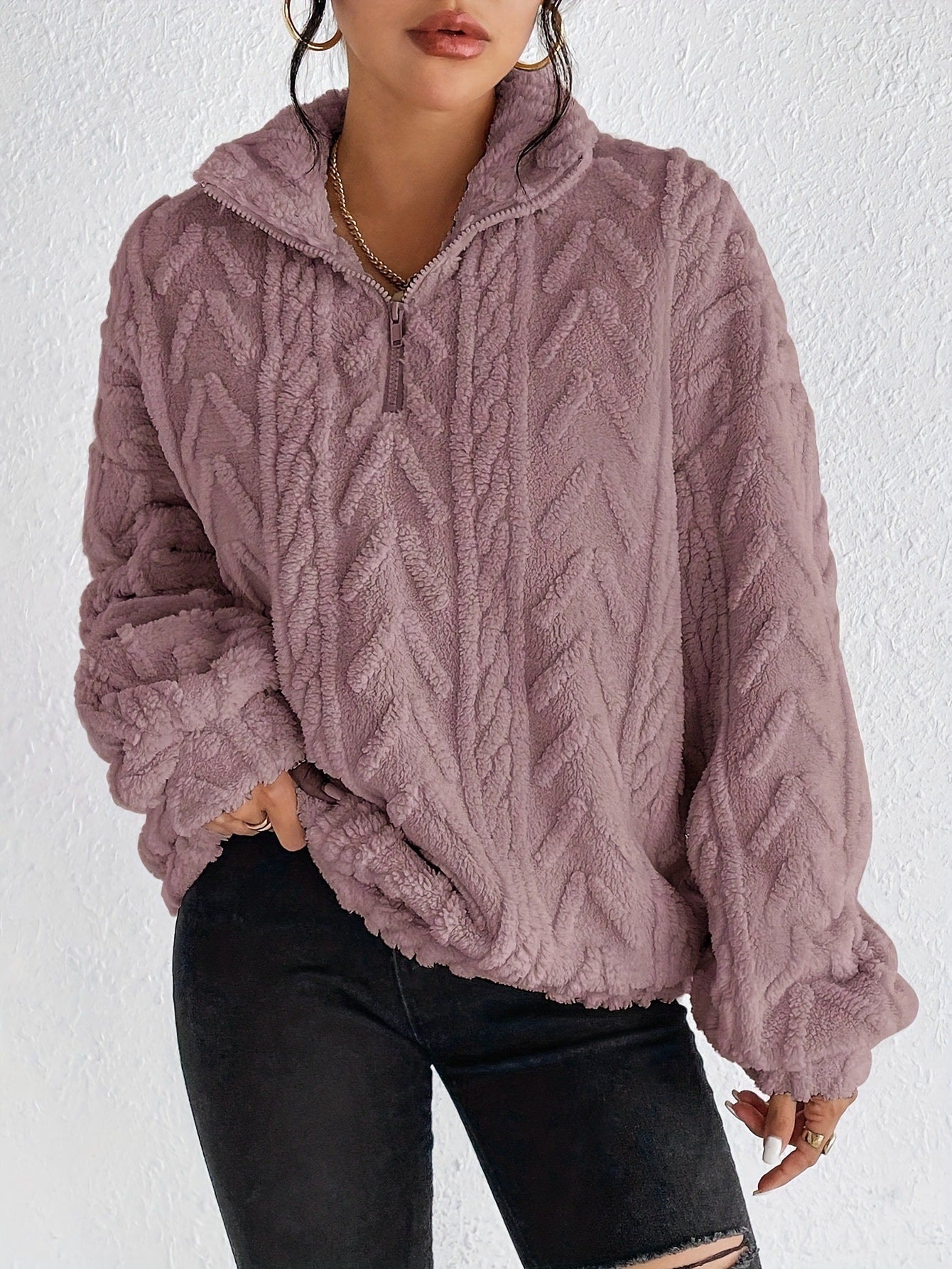 Women’s Sweatshirt – Oversized Relaxed Fit – Plush Chevron Texture – Quarter Zip