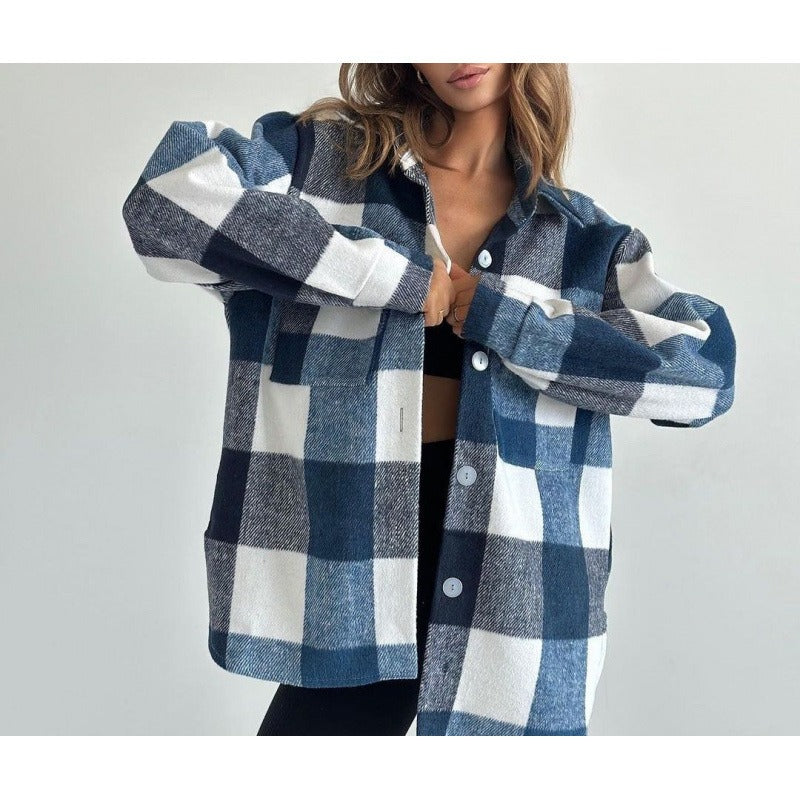 Women’s Jacket – Oversized Relaxed Fit – Wool-Like Woven – Plaid Button-Up Shirt Style