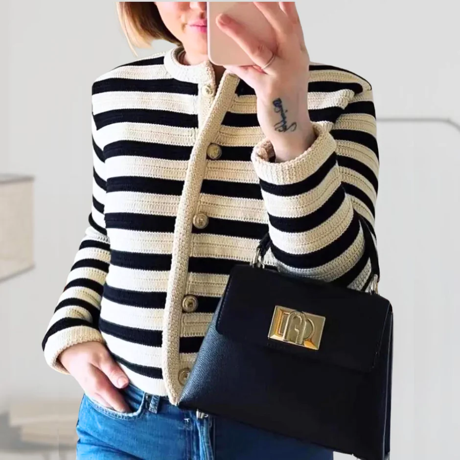 Women’s Cardigan – Cotton Knit – Striped Pattern – Crew Neck – Button Front – Ribbed Trim