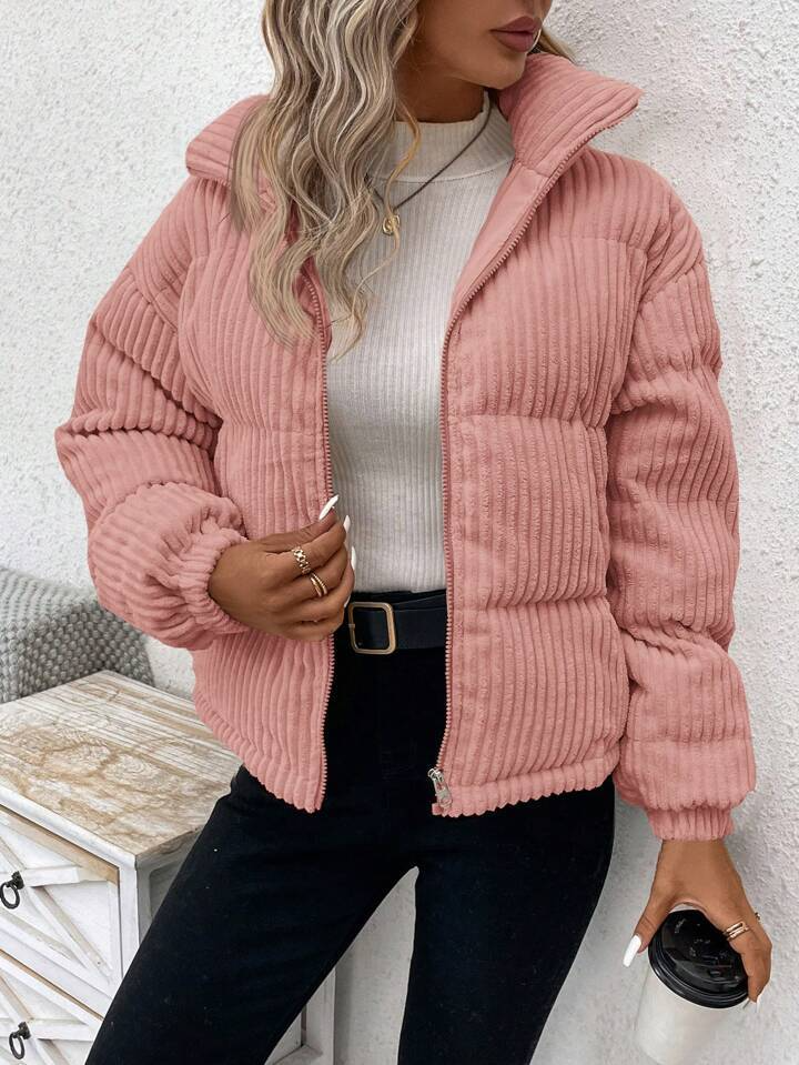 Women’s Jacket – Corduroy Ribbed Texture – Padded – Relaxed Fit – Zipper Front – High Collar