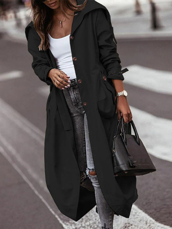 Women’s Trench Coat – Oversized Fit – Full Length – Hooded – Button Front Utility Style