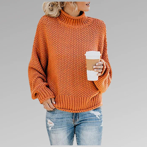 Women’s Pullover Sweater – Relaxed Fit – Chunky Wool Knit – High Neck Ribbed Collar