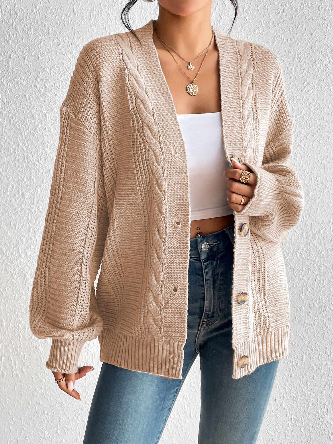 Women’s Cardigan Jacket – Wool Knit – Cable Pattern – Oversized Fit – Button Front