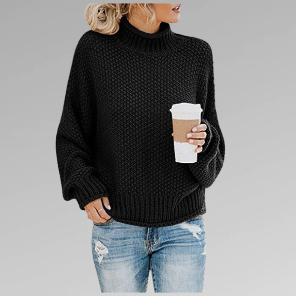 Women’s Pullover Sweater – Relaxed Fit – Chunky Wool Knit – High Neck Ribbed Collar
