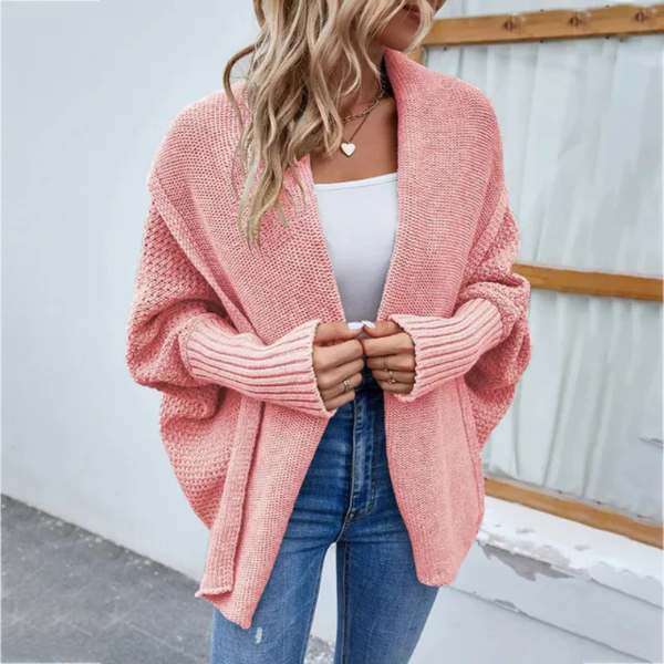 Women’s Knit Cardigan – Oversized Fit – Chunky Texture – Open Front – Ribbed Trim