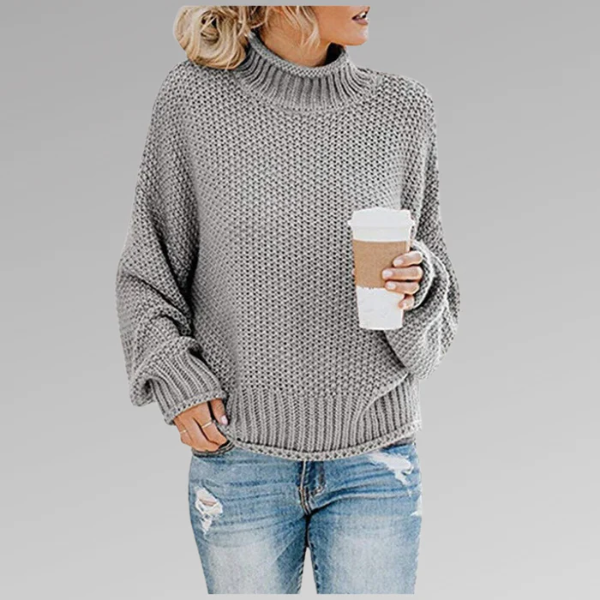 Women’s Pullover Sweater – Relaxed Fit – Chunky Wool Knit – High Neck Ribbed Collar