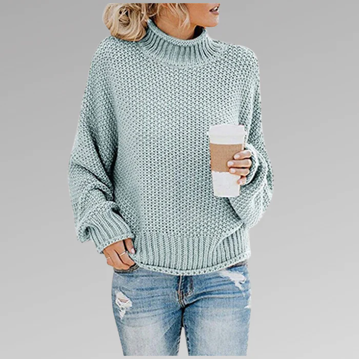 Women’s Pullover Sweater – Relaxed Fit – Chunky Wool Knit – High Neck Ribbed Collar