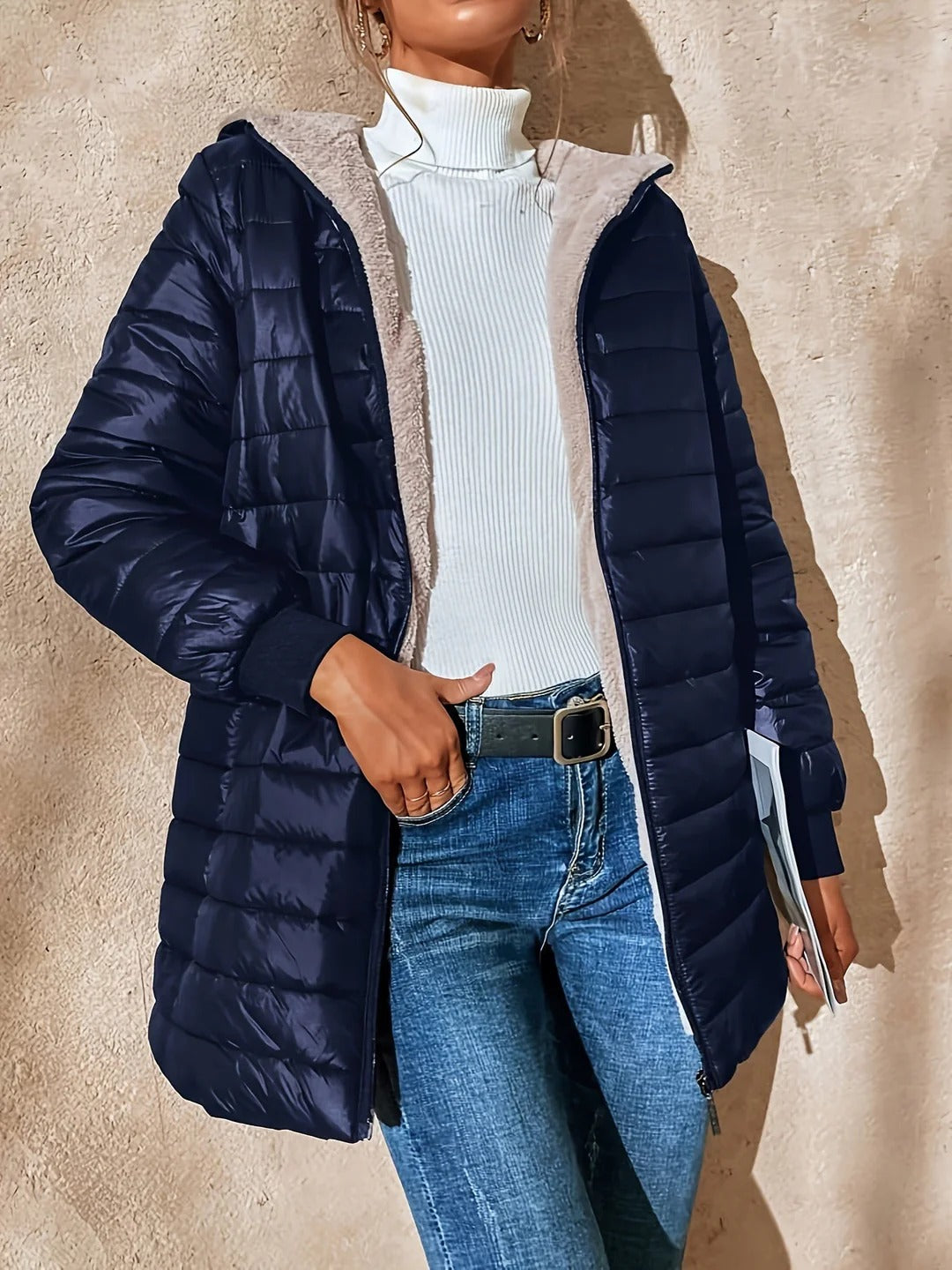 Women’s Quilted Jacket – Longline Relaxed Fit – Fleece Lined – Ribbed Cuffs