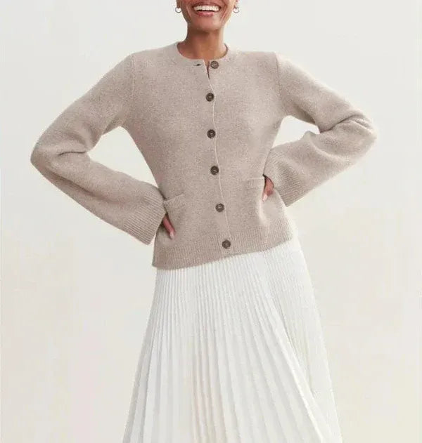 Women’s Cardigan – Relaxed Fit Knit Wool Blend – Bell Sleeves – Button Front – Ribbed Trim