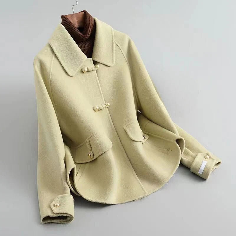 Women’s Wool Coat – Tailored Fit – Pearl Toggle Closure – Flared Hem – Mid Length