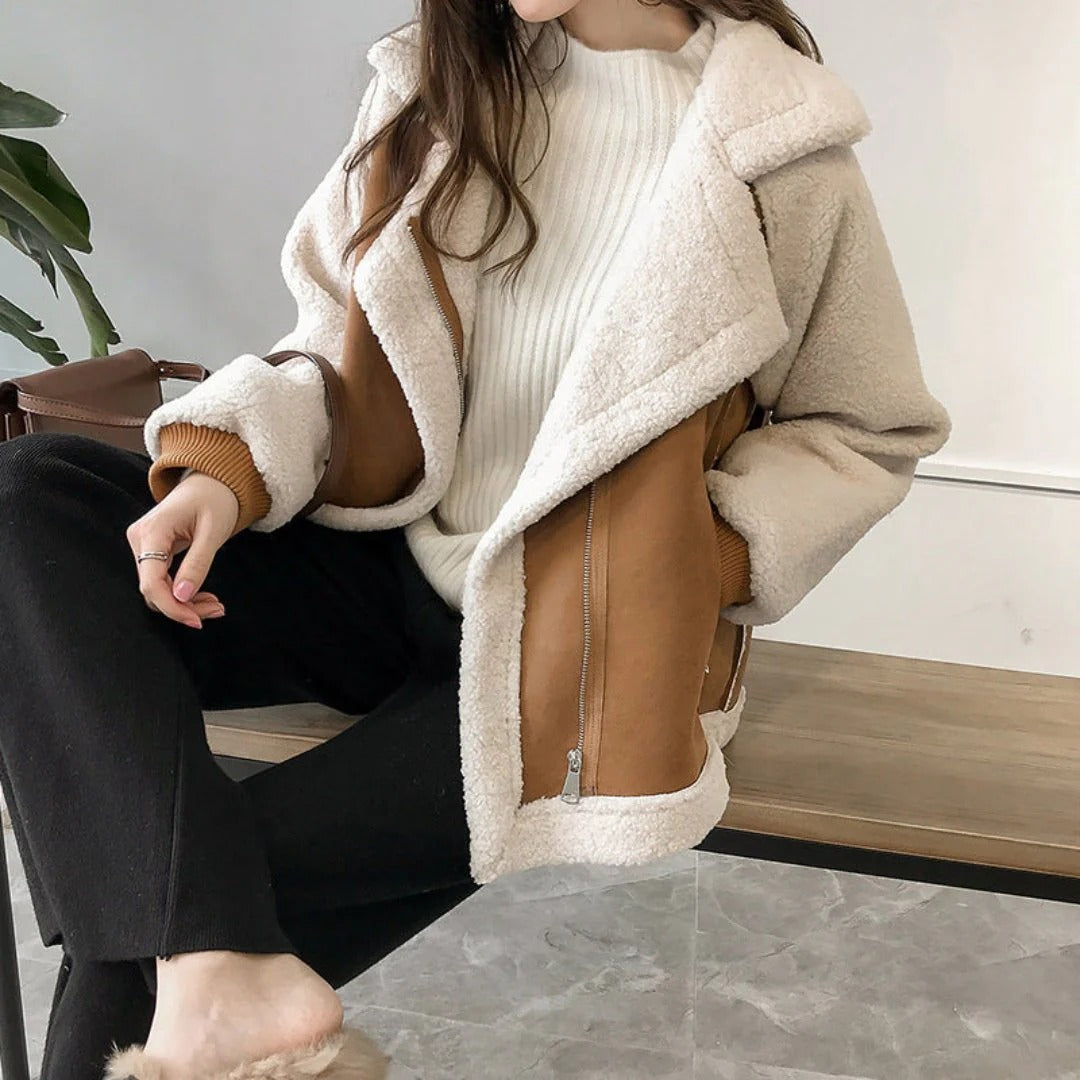 Women’s Jacket – Oversized Fit – Brushed Texture – Sherpa Trim – Zip Front Closure