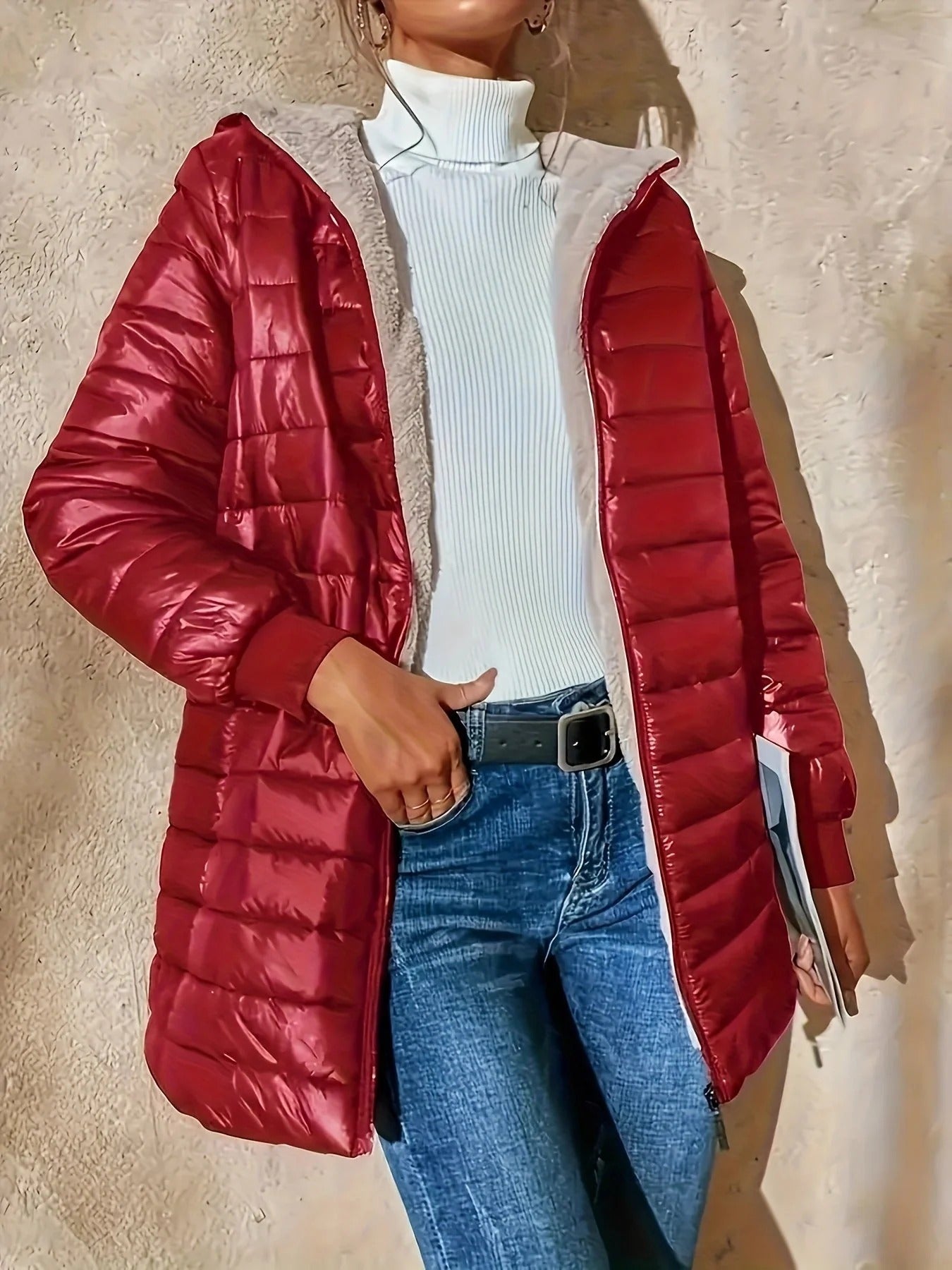 Women’s Quilted Jacket – Longline Relaxed Fit – Fleece Lined – Ribbed Cuffs