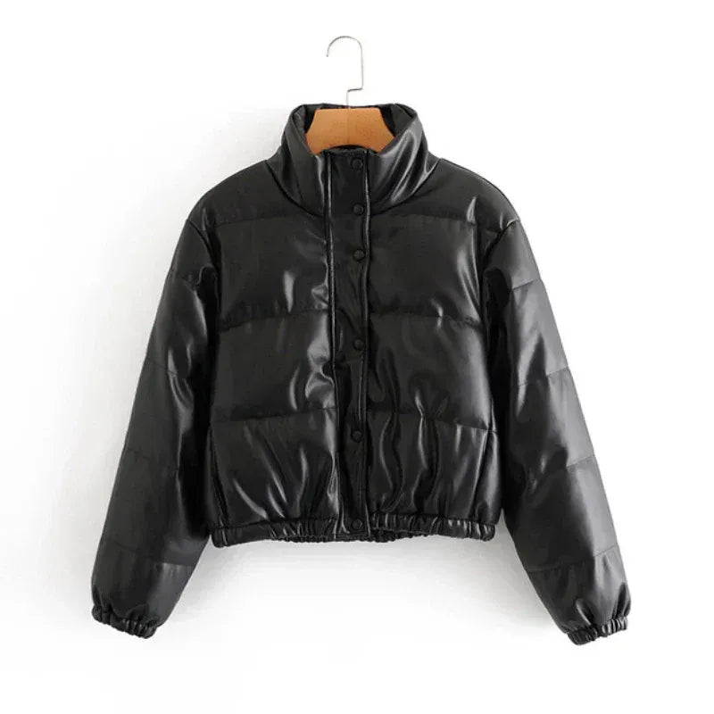 Women’s Puffer Jacket – Oversized Fit – Quilted Glossy Shell – Cropped High Collar