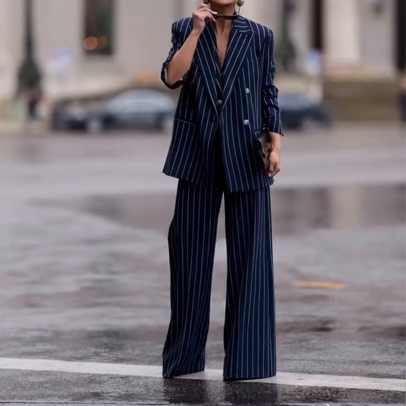Women’s Two-Piece Suit – Double-Breasted Blazer – Pinstripe – Wide-Leg Flared Trousers