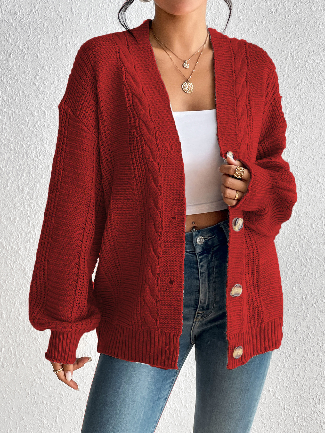 Women’s Cardigan Jacket – Wool Knit – Cable Pattern – Oversized Fit – Button Front