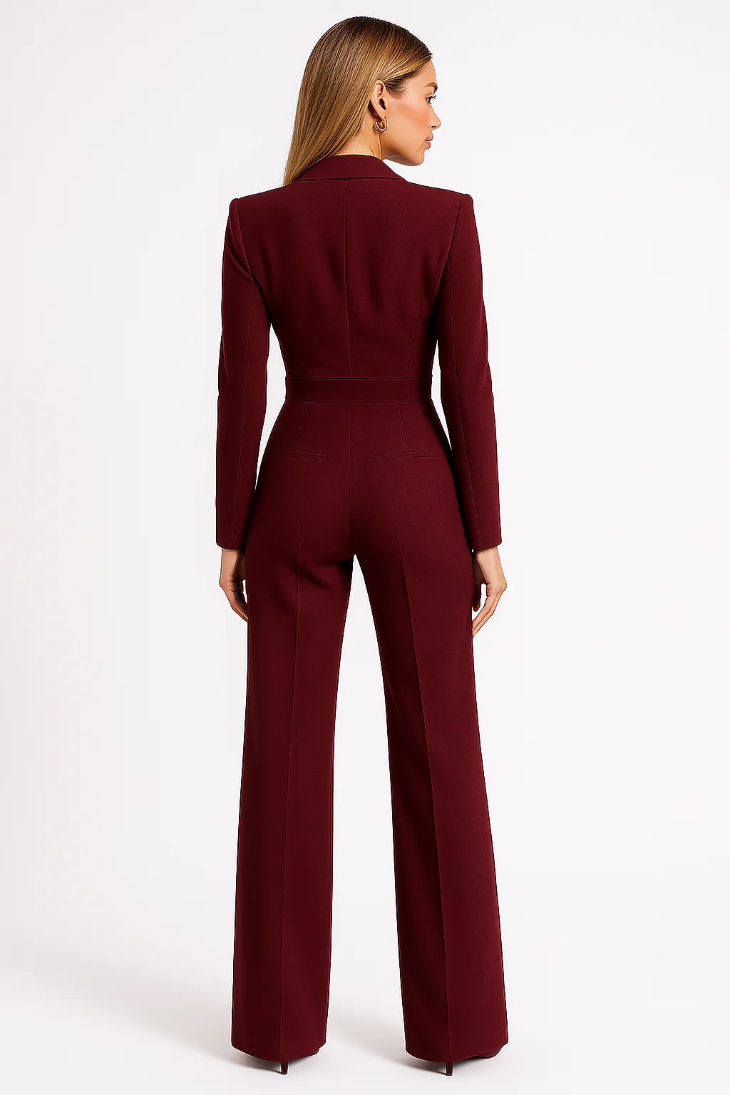 Women’s Jumpsuit – Structured Fit – V-Neck – Long Sleeve – Wide-Leg Crepe Style