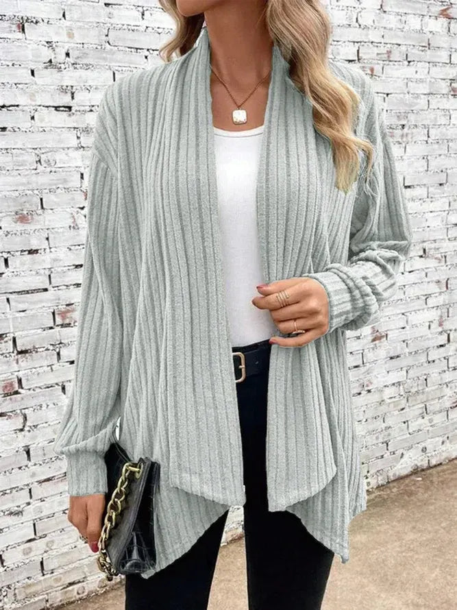 Women’s Cardigan – Ribbed Knit – Relaxed Fit – Open Front – Asymmetrical Hem