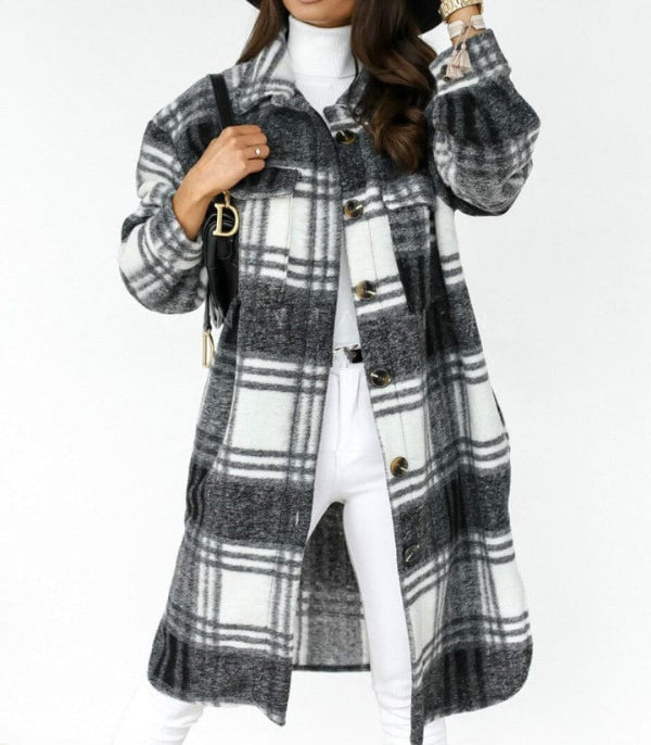 Women’s Checkered Overcoat– Oversized Fit – Wool Blend – Knee Length – Button Front