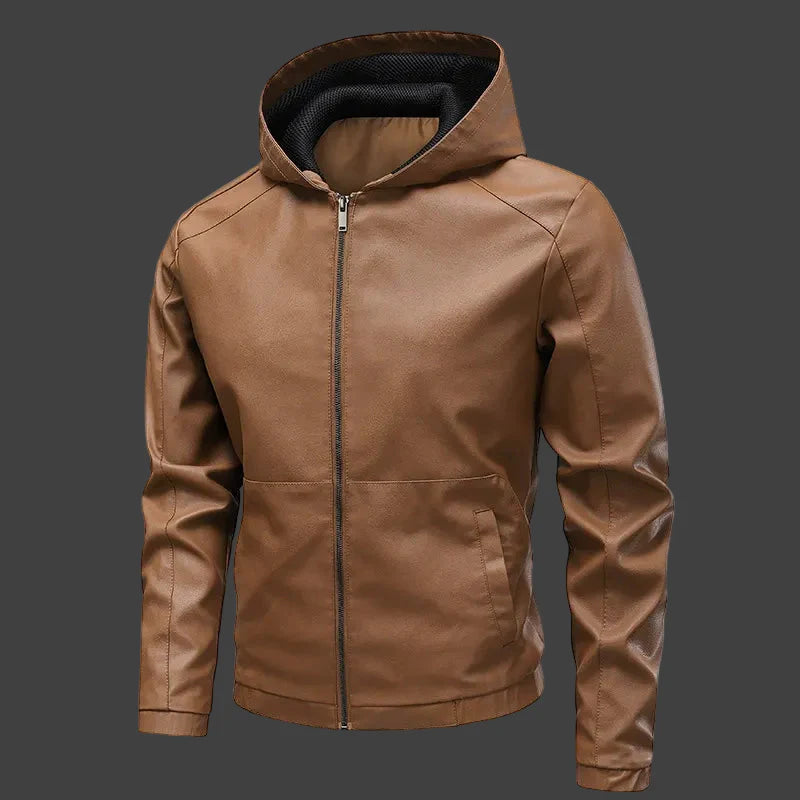 Men’s Hooded Jacket – Slim Fit – Leather-Like Material – Panel Design – Full Zip – Hip Length