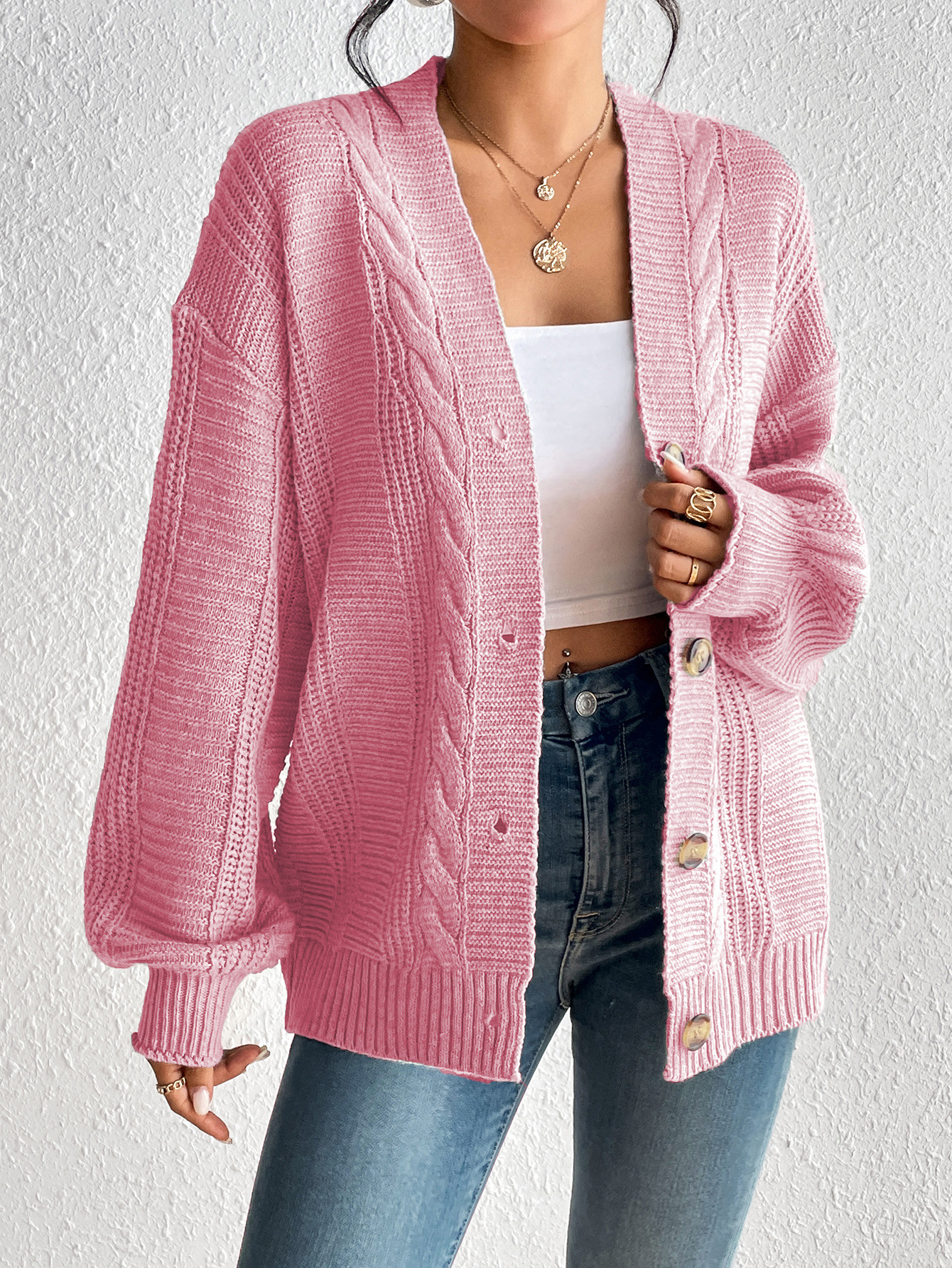 Women’s Cardigan Jacket – Wool Knit – Cable Pattern – Oversized Fit – Button Front
