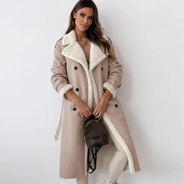Women’s Shearling Leather Coat – Relaxed Fit – Double Breasted – Wide Lapel