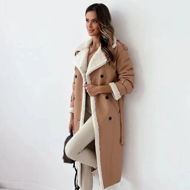 Women’s Shearling Leather Coat – Relaxed Fit – Double Breasted – Wide Lapel