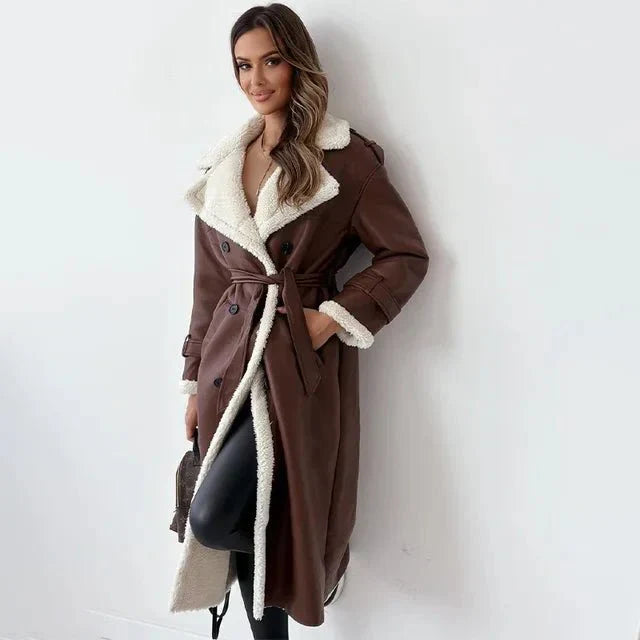 Women’s Shearling Leather Coat – Relaxed Fit – Double Breasted – Wide Lapel
