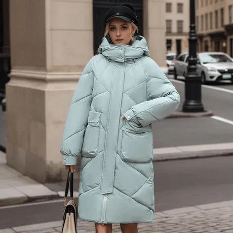 Women’s Quilted Coat – Oversized Fit – Hooded High Collar – Mid-Length Padded Warmth
