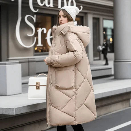 Women’s Quilted Coat – Oversized Fit – Hooded High Collar – Mid-Length Padded Warmth