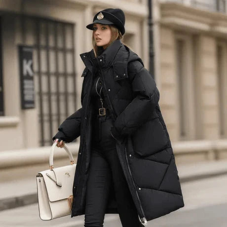Women’s Quilted Coat – Oversized Fit – Hooded High Collar – Mid-Length Padded Warmth