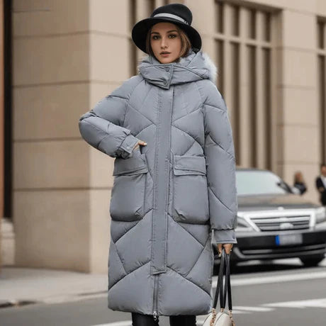 Women’s Quilted Coat – Oversized Fit – Hooded High Collar – Mid-Length Padded Warmth