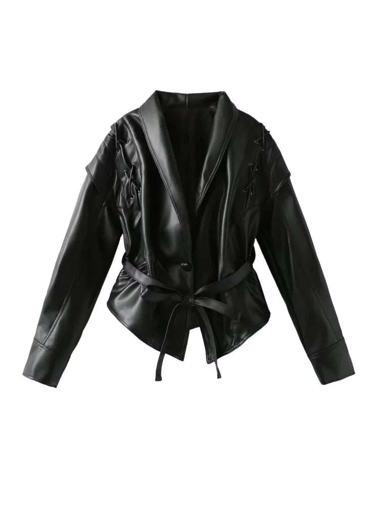 Women’s Leather Jacket – Tailored Fit – Shawl Collar – Waist Tie – Lace-Up Shoulders