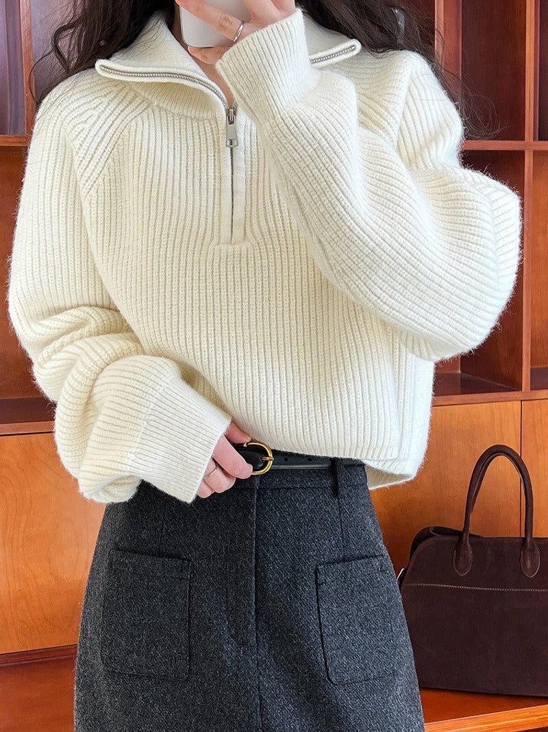 Women’s Pullover Sweatshirts – Wool – Relaxed Fit – High Zip Collar – Ribbed Trim
