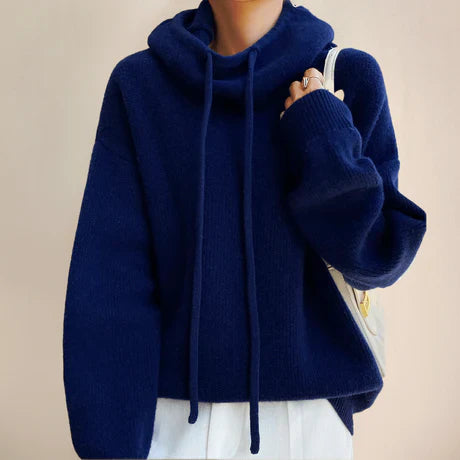 Women’s Pullover Sweater – Relaxed Fit – Cowl Neck with Drawstrings – Ribbed Trim