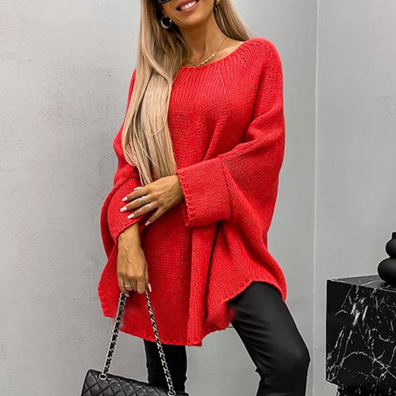 Women’s Knit Pullover Sweater – Oversized Fit – Wool Blend – Batwing Sleeve – Tunic Length