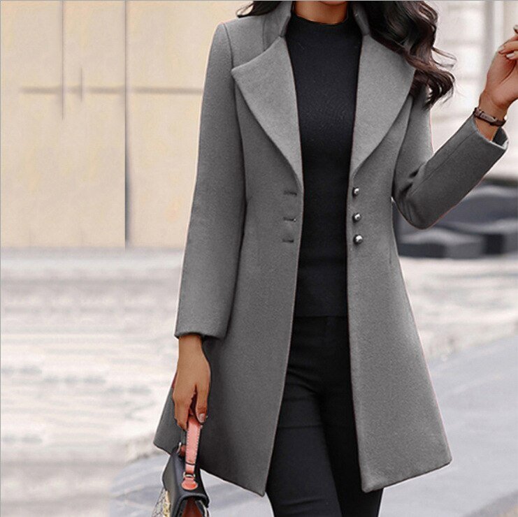 Women’s Tailored Coat – Slim Fit – Wool Blend – Notched Lapel – Mid Length Elegant Style