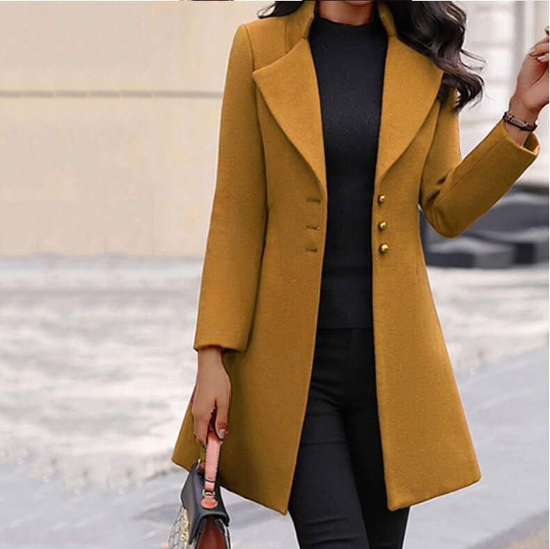 Women’s Tailored Coat – Slim Fit – Wool Blend – Notched Lapel – Mid Length Elegant Style